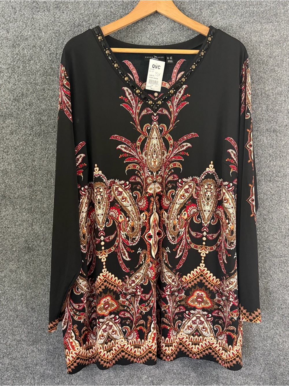 Susan Graver Womens 3X Liquid Knit Tunic Top Long Sleeve Black Office Stretch